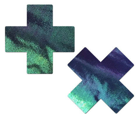 Plus X: Liquid Black Opal Iridescent Cross Nipple Pasties