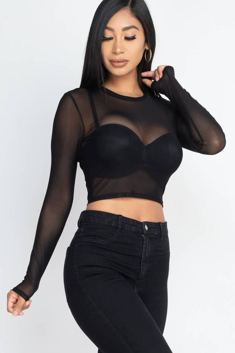 Mesh Sheer Crop Top - Black