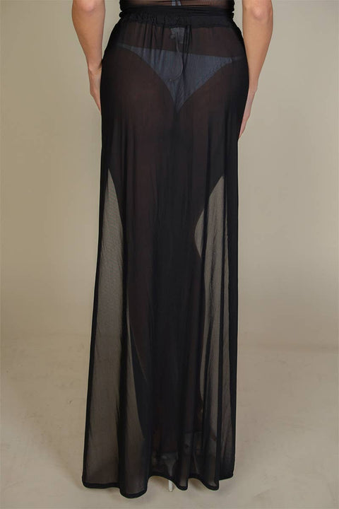 High Split Mesh Maxi Skirt - Black
