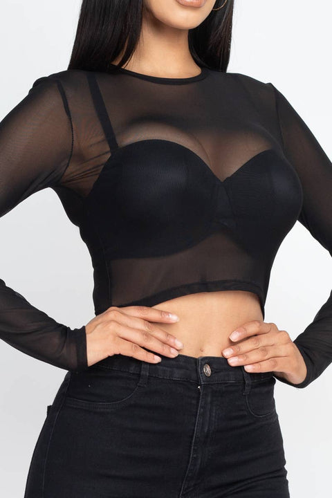 Mesh Sheer Crop Top - Black
