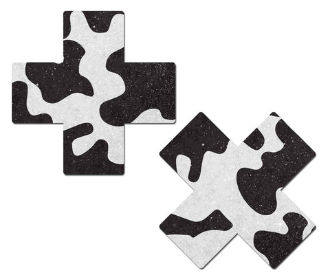 Plus X: Black & White Cow Print Cross Nipple Pasties