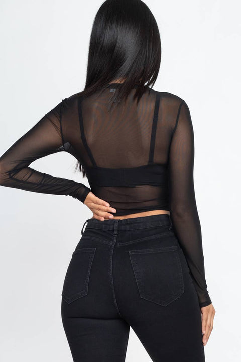 Mesh Sheer Crop Top - Black