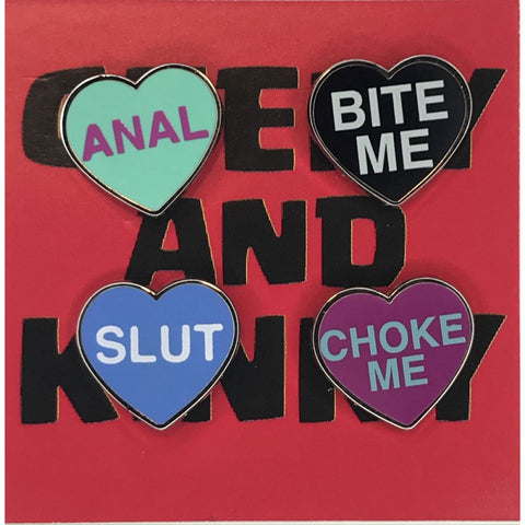 Heart Pin 4-Pack (Anal - Slut - Bite Me - Choke Me) | Geeky & Kinky