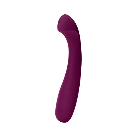Purple curved handheld personal massager on a white background