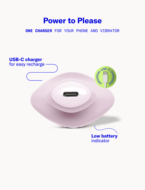 massager with USB-C charging port and 'Power to Please' branding on a white background