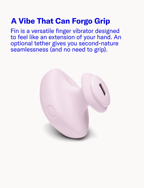 Pink finger vibrator with text on a white background