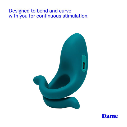 Teal silicone product with 'Dame' branding on a white background