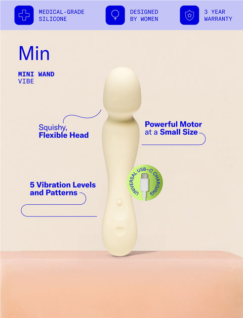 White mini wand vibe with product features on a beige background