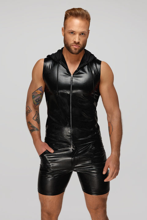 H066 Snake Wetlook Sleeveless Hoodie  | Noir