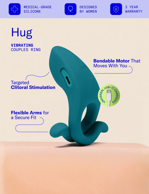 Teal vibrating couples ring with product features on a beige background