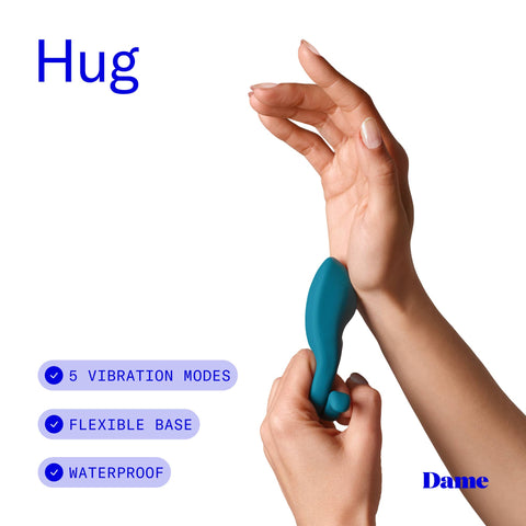 Hand holding a teal ring massager with product features listed and 'Dame' brand name.