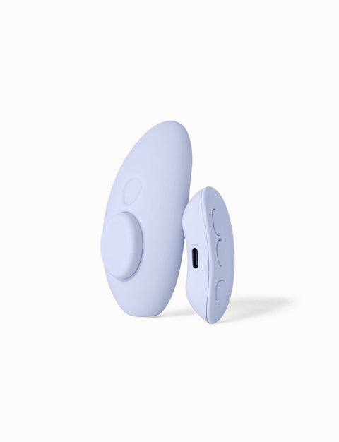 Lavender silicone panty vibe with remote control on a white background