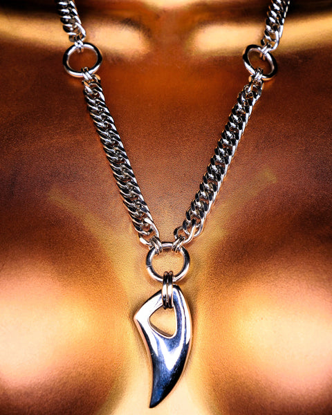 Silver necklace with a claw pendant on a blurred background