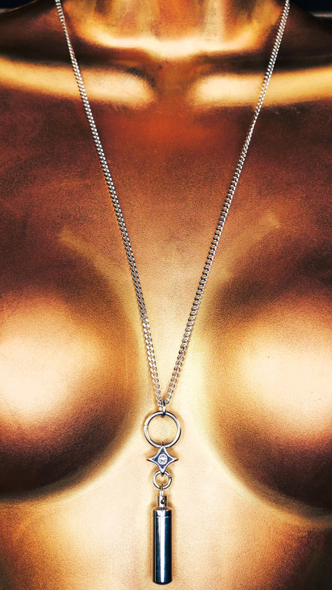 Mannequin torso with a necklace against a grid background