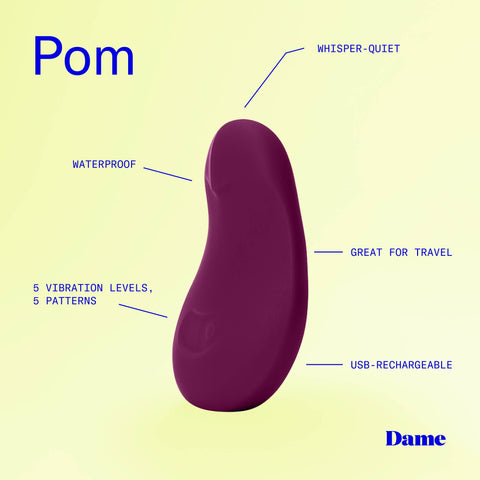 Purple POM massager with features including "waterproof", "whisper quiet" and "5 vibration patterns" labeled on a yellow background, featuring the brand 'Dame'.