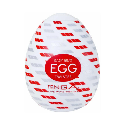 Tenga Egg Twister with red and gray striped pattern on a white background