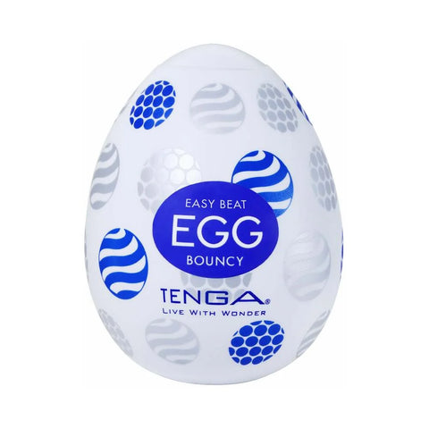 Tenga Egg bouncy product with blue and white design on a white background