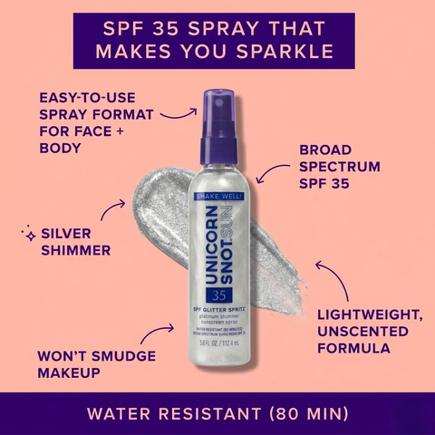 SPF 35 Glitter Spritz | Sunscreen Spray | Platinum