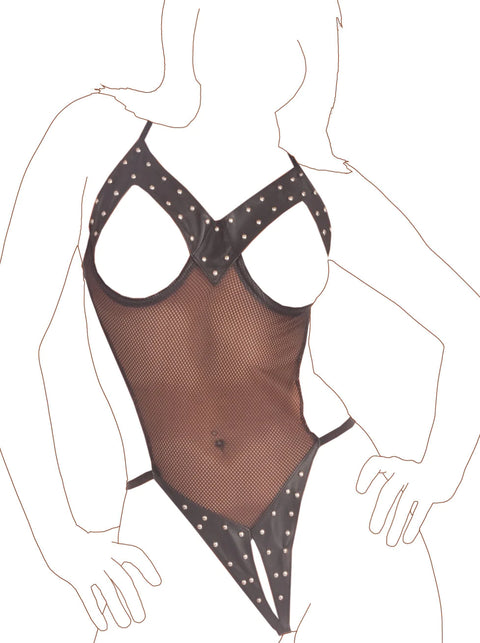 Leather & Net Open Crotch Bodysuit | Honour
